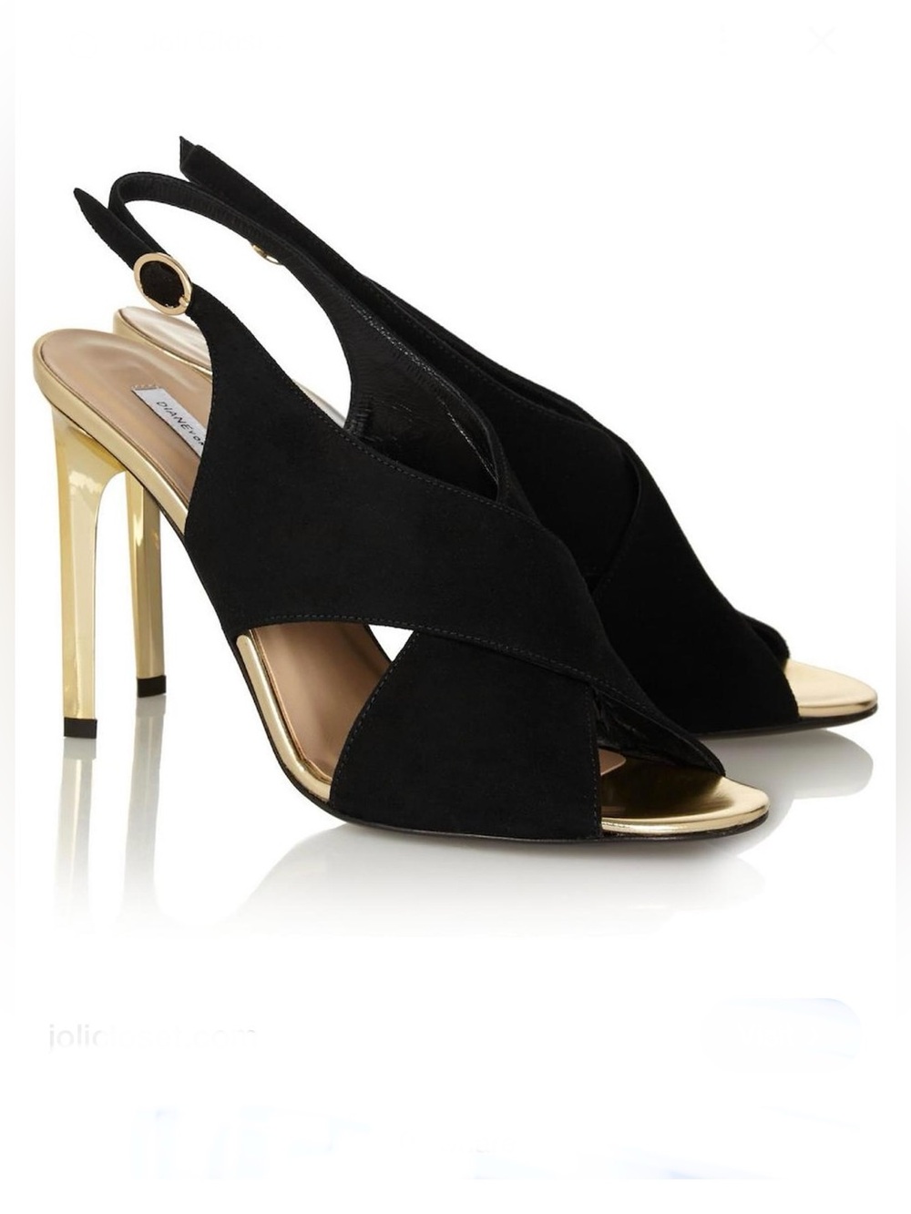 DIANE von FURSTENBERG Vick Black Suede Gold Heels Sling Back Sandals Sz 8.5 B